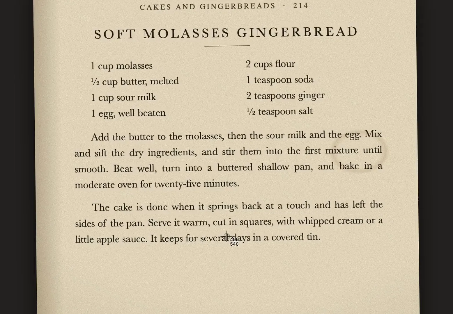 A scanned cookbook page on a Mac. Lector's crosshair is drawn around the recipe and two lines of it are selected.