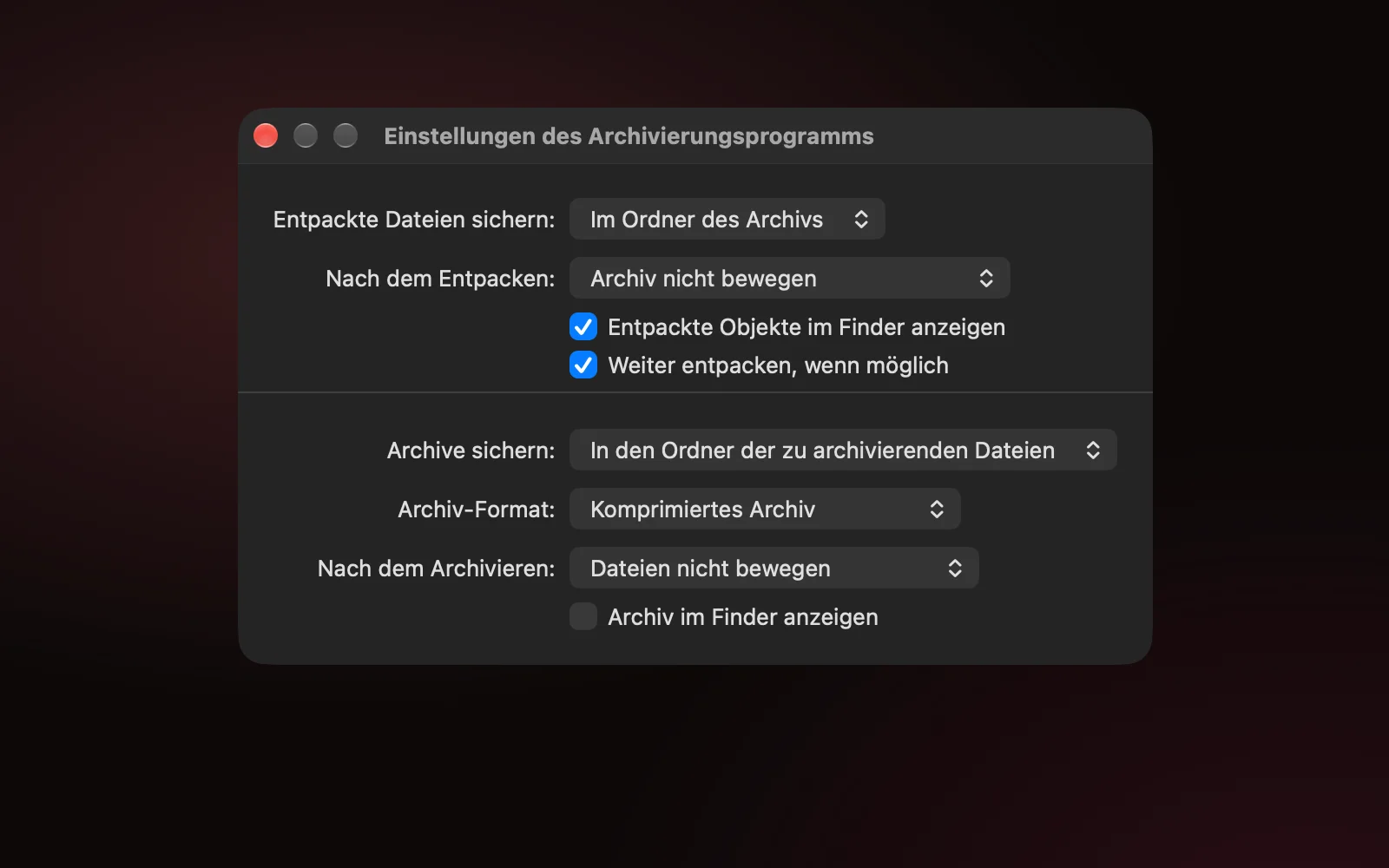 macOS Archive Utility's settings window in German.