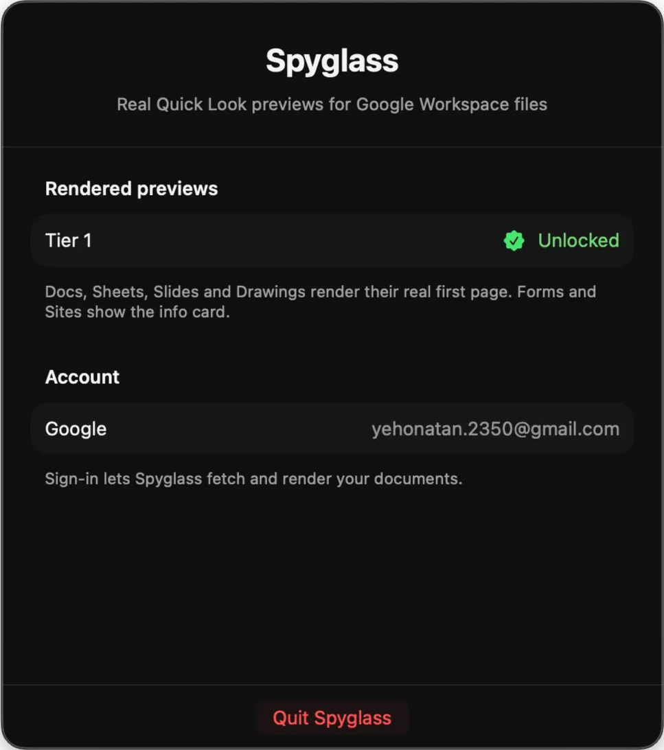 The Spyglass menu-bar panel: tier unlocked, Google account signed in