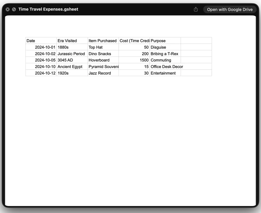 A rendered Google Sheet preview