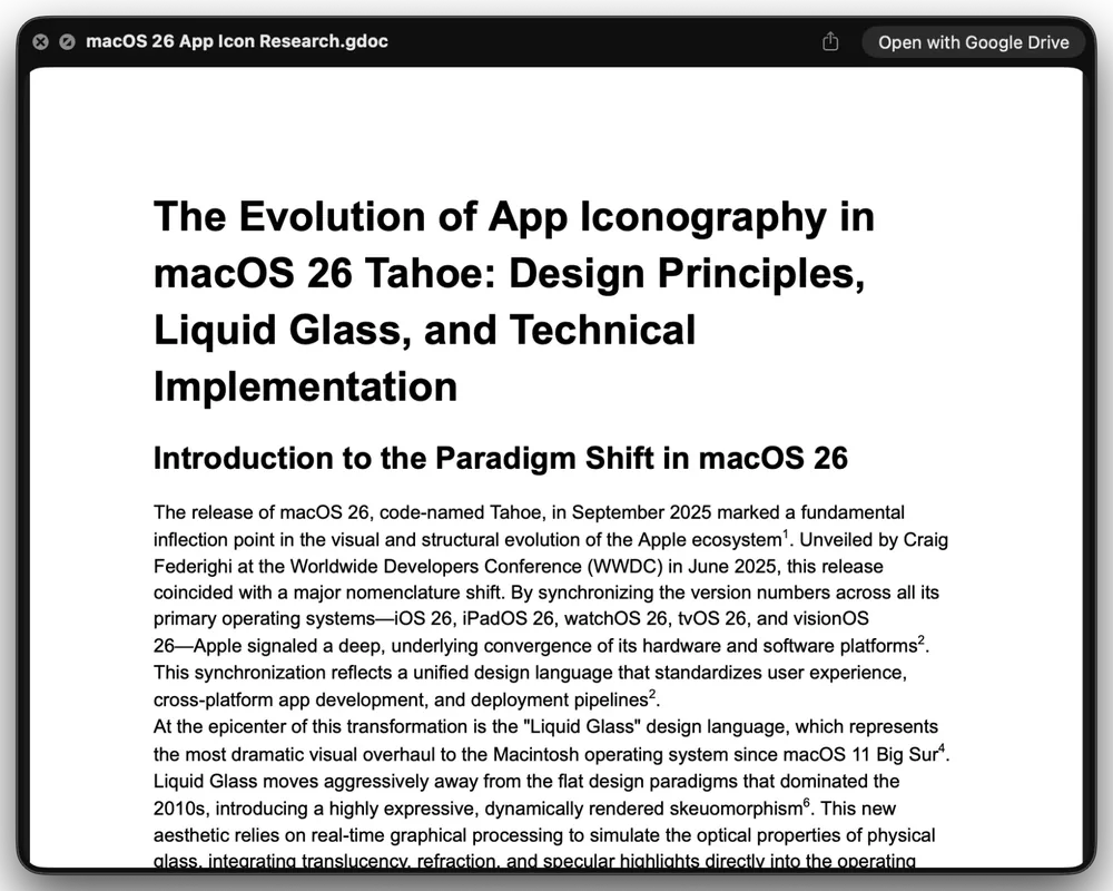 Quick Look rendering the first page of a Google Doc