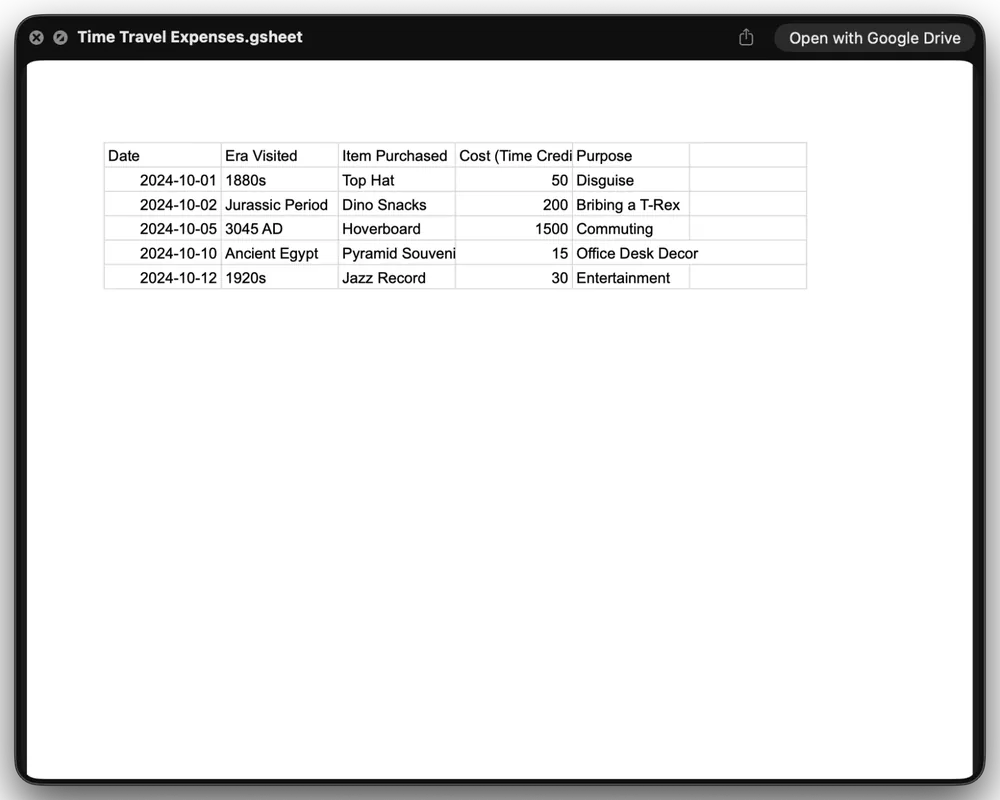 Quick Look rendering a Google Sheet as a grid