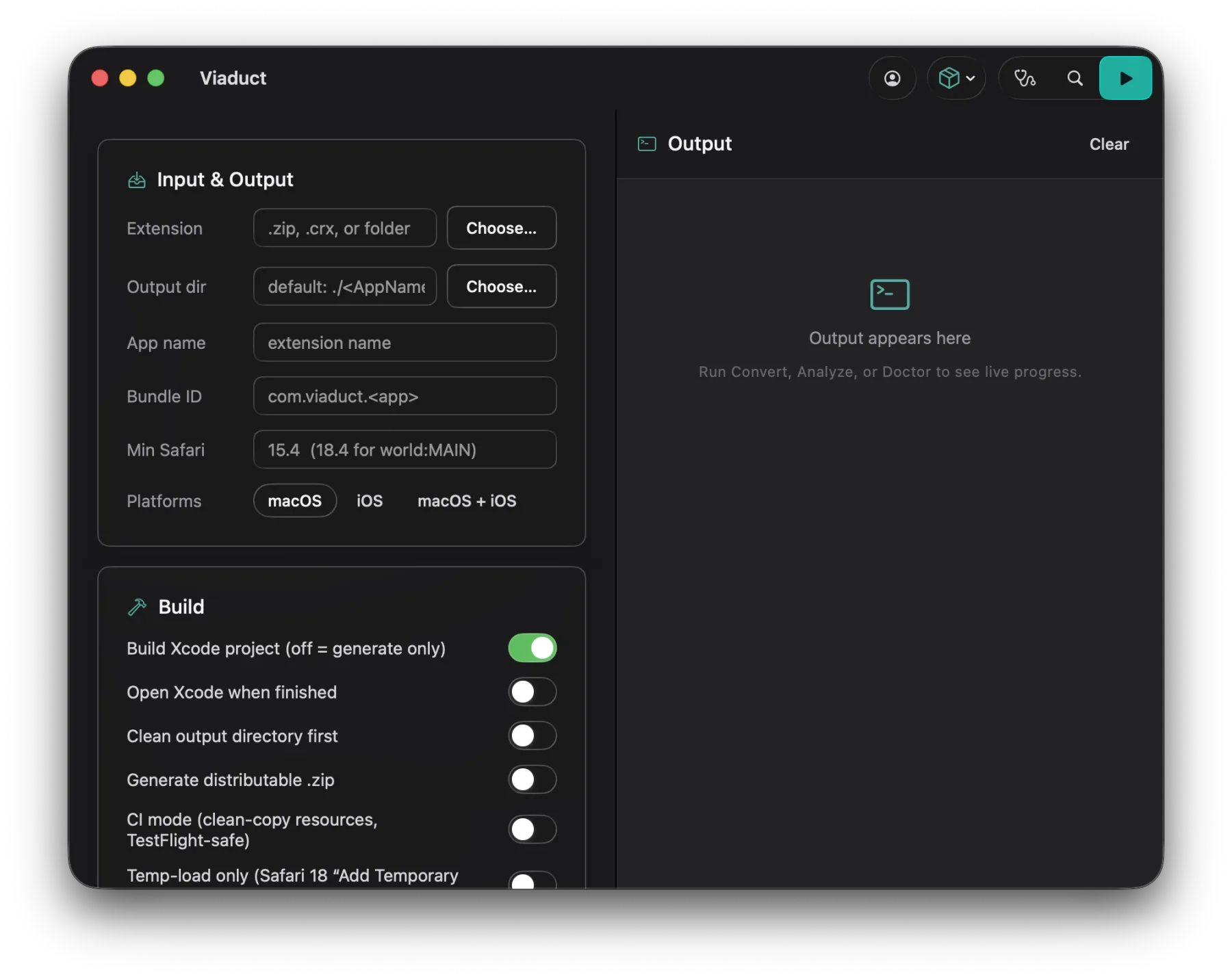 Developer mode: every conversion option as a form with a live log pane