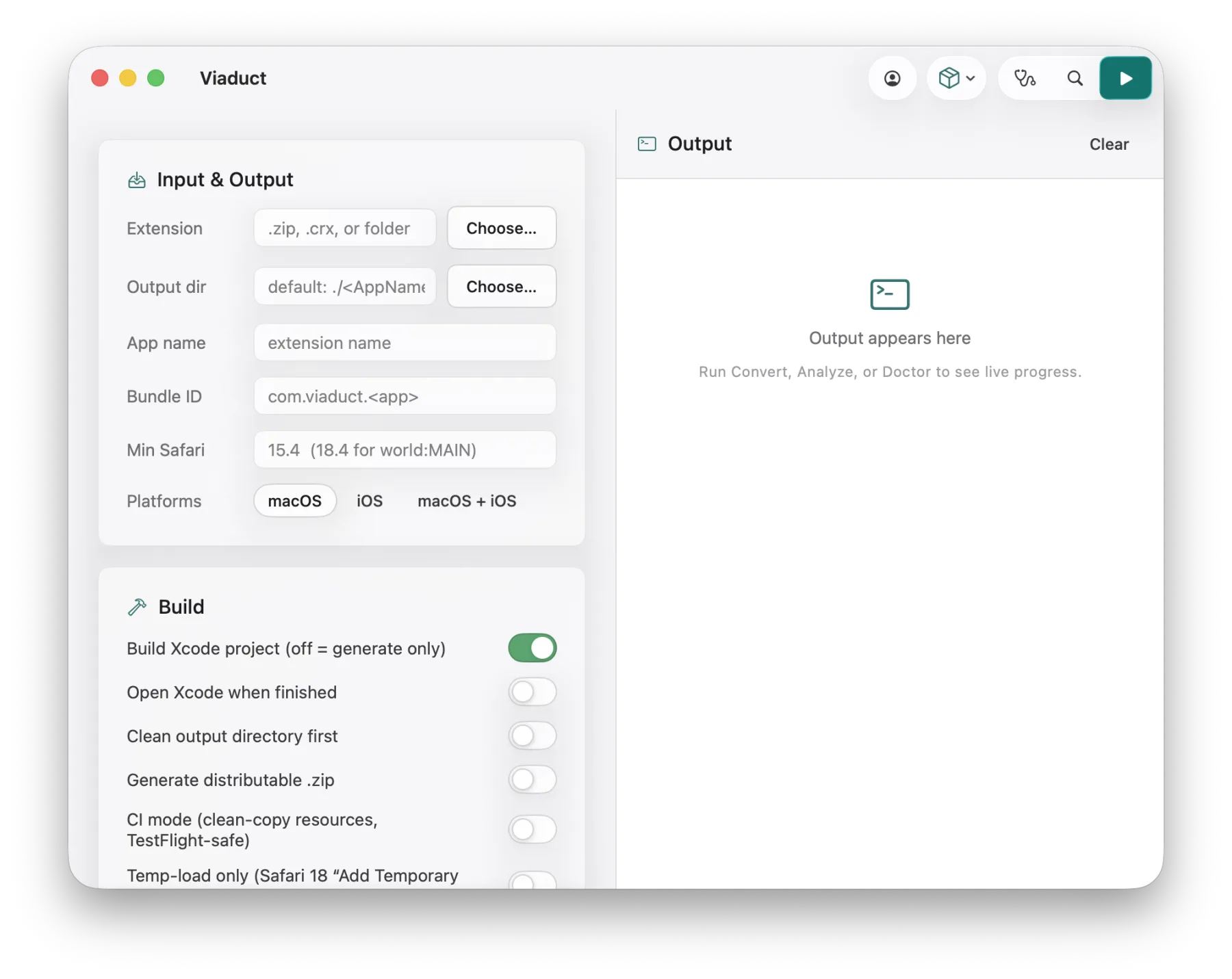 Developer mode: every conversion option as a form with a live log pane