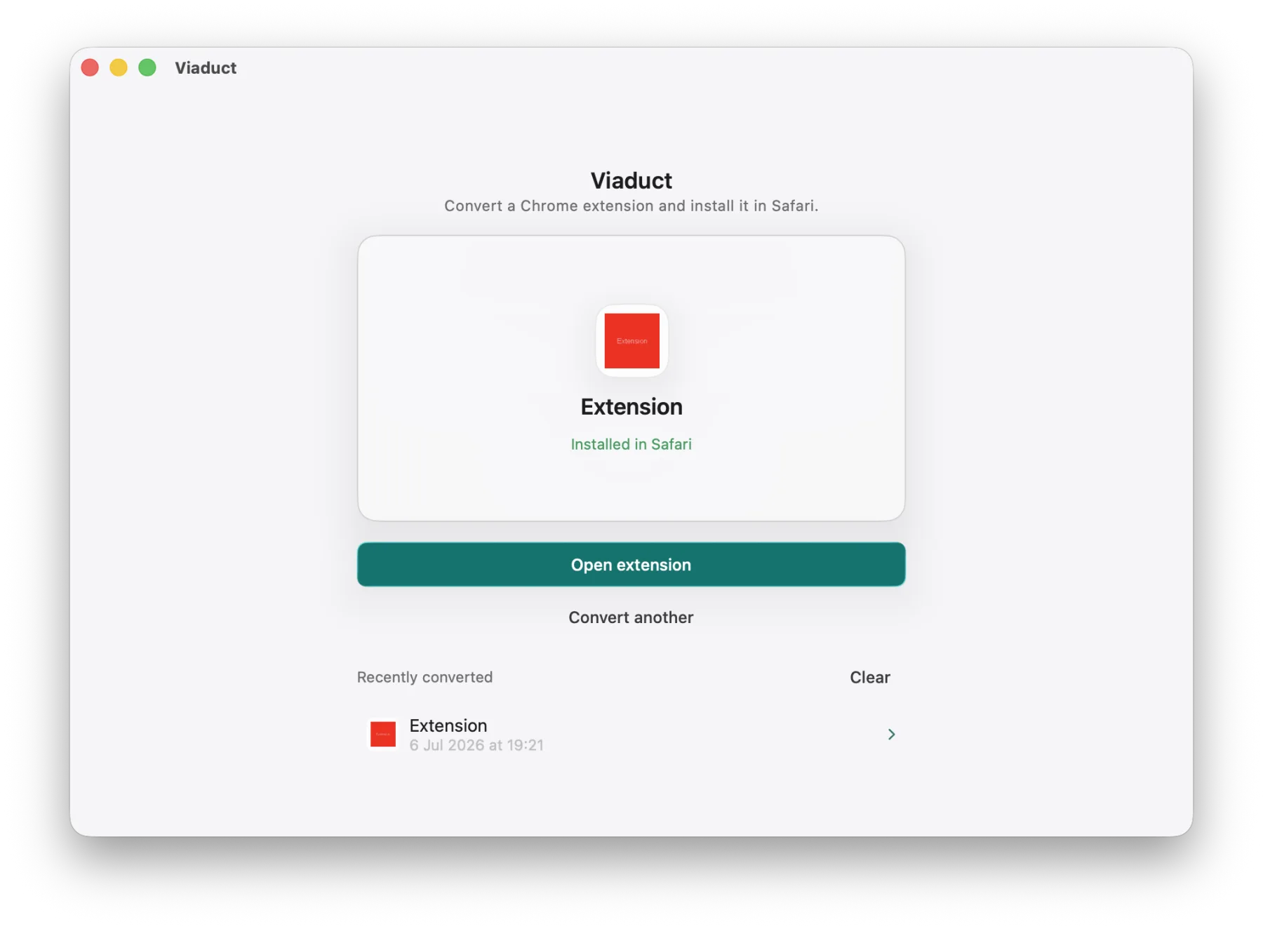 Step 3: the extension installed in Safari, with the recently-converted list